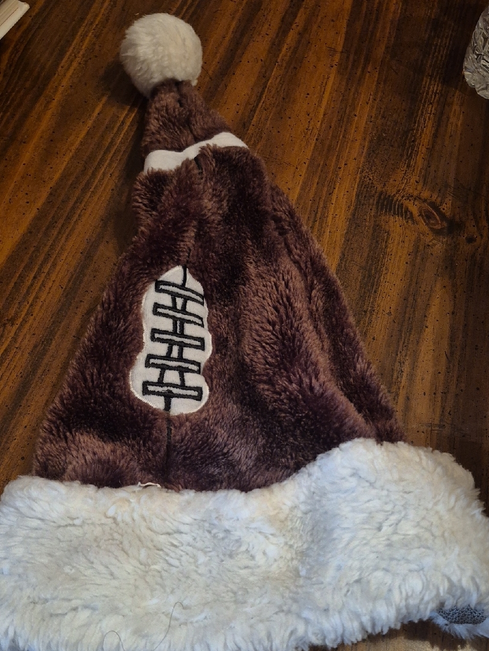 Plush Football Pom Pom Hat in Brown and White Dan Dee Snapback